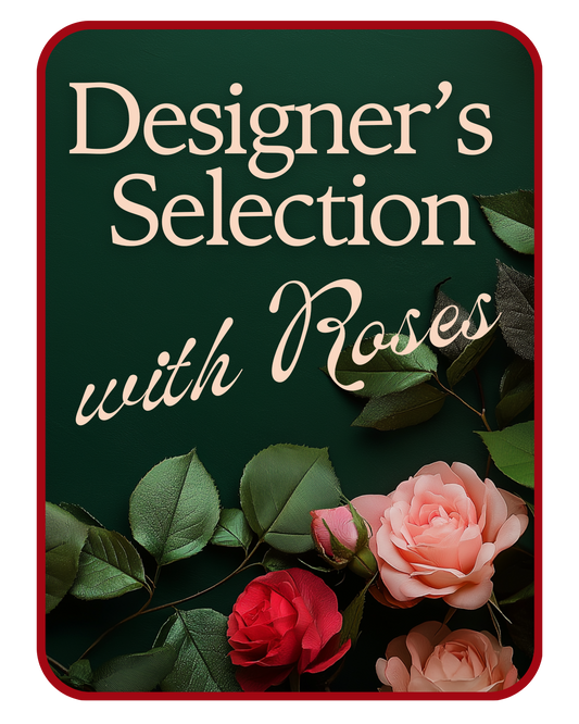 Designer's Choice with Roses in Glass Vase