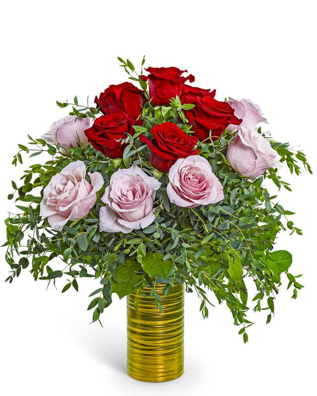 One Dozen Pink and Red Roses in Gold