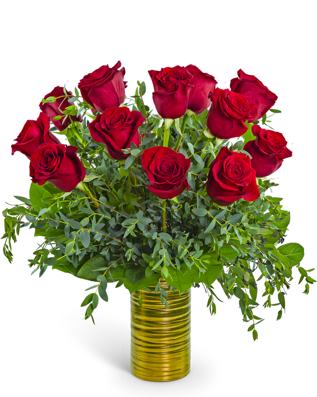One Dozen Ruby Red Roses in Gold