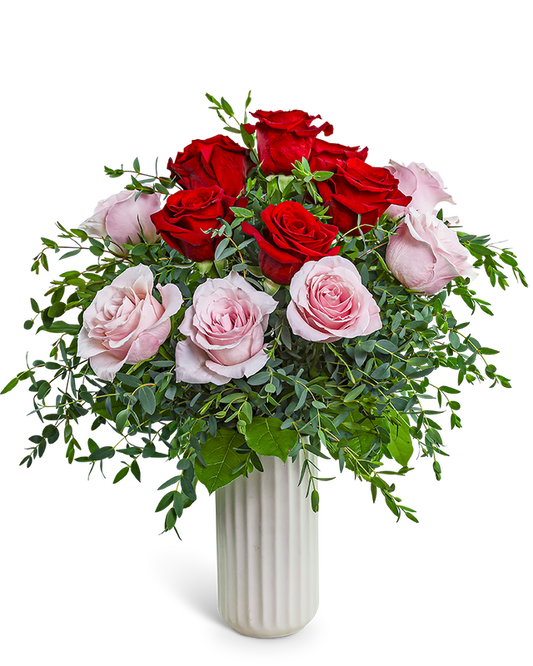 One Dozen Pink and Red Roses
