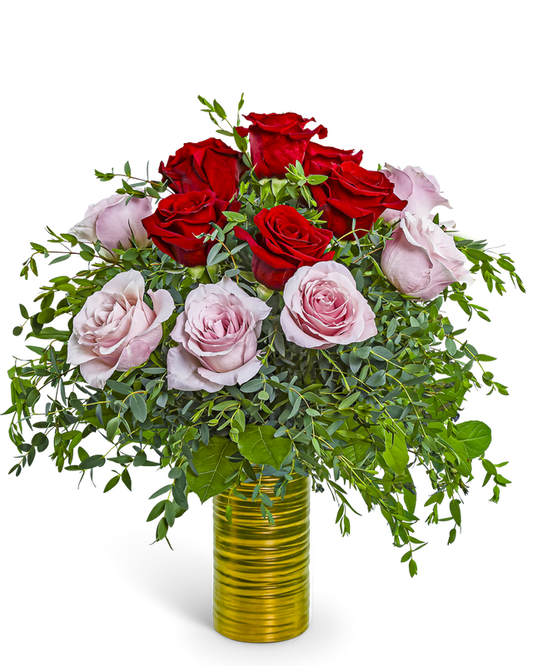 One Dozen Pink and Red Roses in Gold