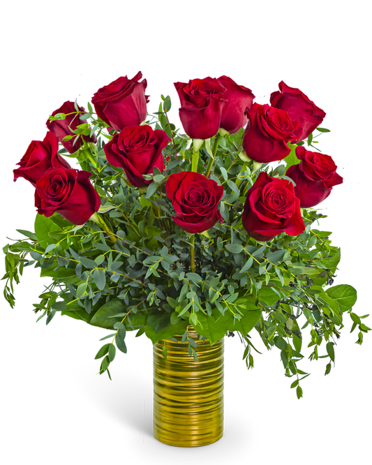 One Dozen Ruby Red Roses in Gold